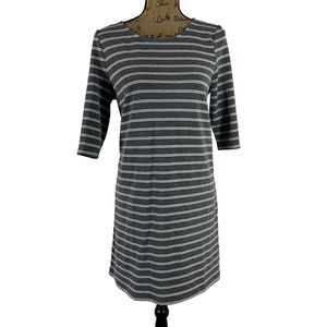 Lumiere Dress M Gray White Stripe Stretch Shift Zip Soft Knit 3/4 Sl Knee Length